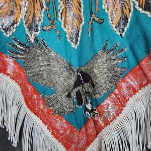 VINTAGE Handpainted Beaded Zip Sweatshirt Aztc Southwest Eagle Fringe Artsy  XL